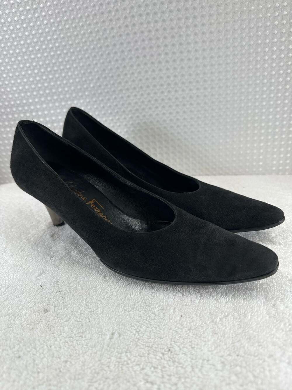 Salvatore Ferragamo Boutique Suede Pointed Toe Pumps with Metallic Heels
